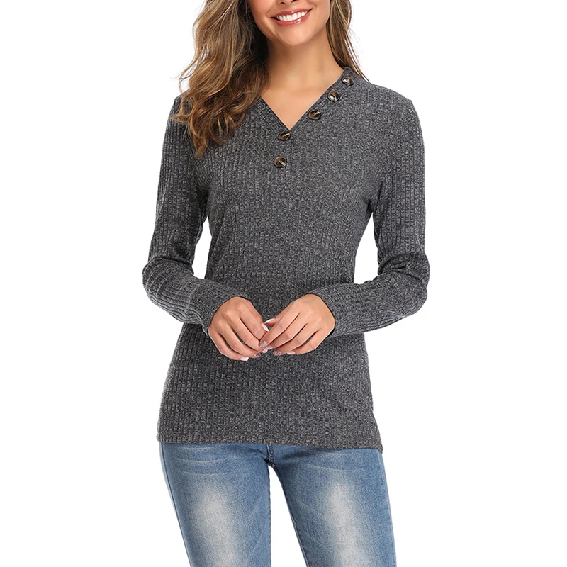 

Women 2019 Autumn New Sweaters Temperament Single-row Button Decoration Sweater V-neck Long-sleeved Slim Bottoming Shirt