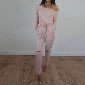 

Women Cotton Jumpsuit Spring And Summer Solid Off Shoulder Strapless Long Sleeved Jumpsuit Drawstring Waist Grey Hole Romper