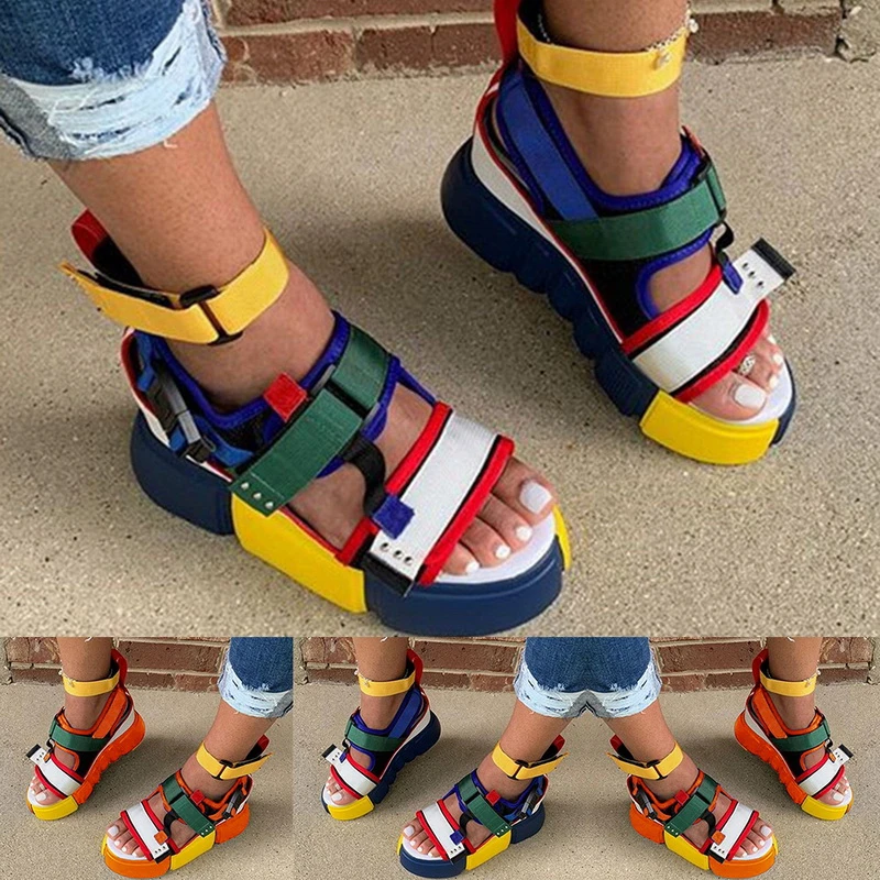 Velcro open toe platform platform color block sandals Clearance
