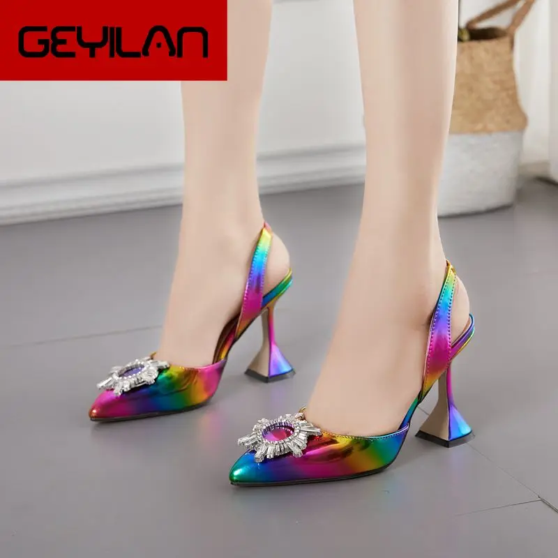 

Rainbow Color Women Sandals Elegant Pointed Toe Sun Style Rhinestone High Heels Weeding Shoes Spike Heel Pumps Sandals Drop Ship