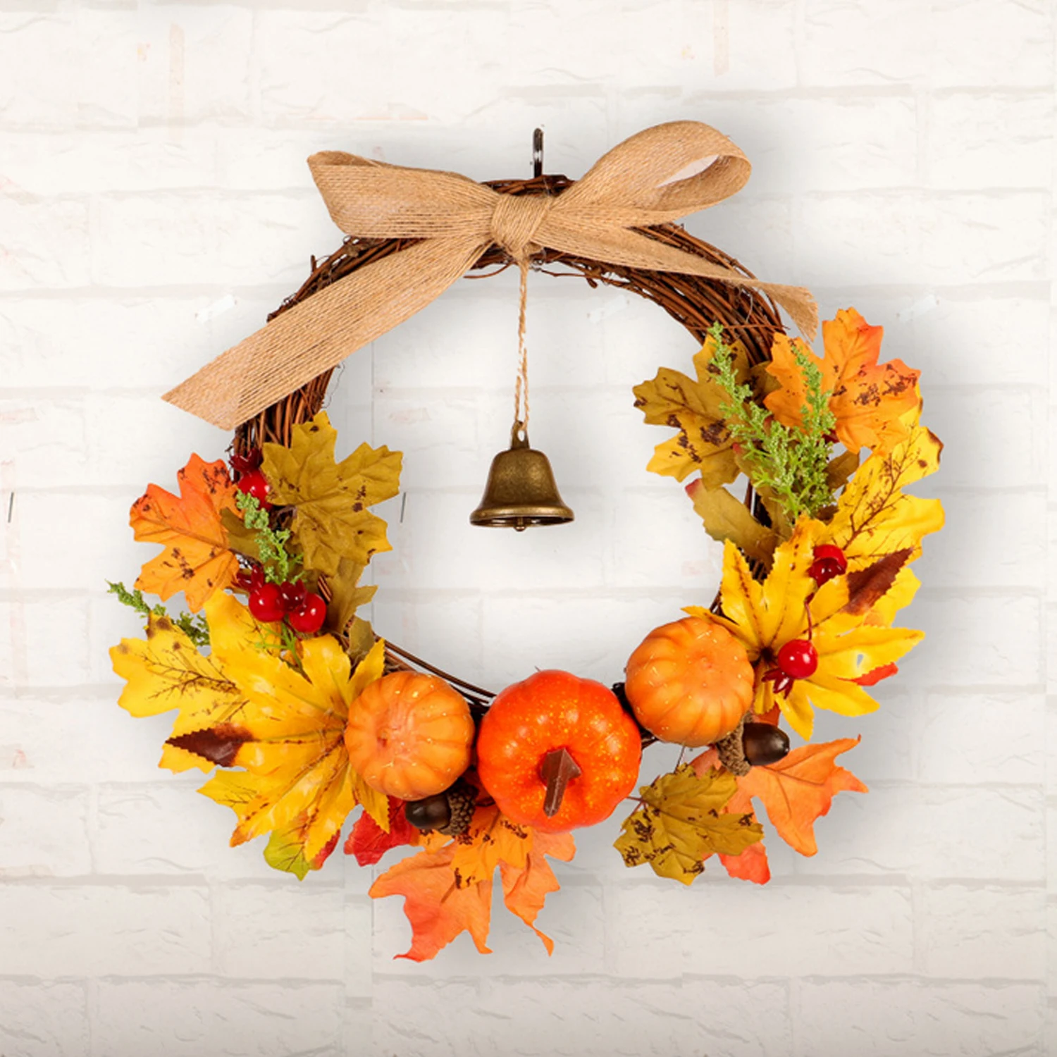 

Behogar Autumn Harvest Pumpkin Maple Leaves Front Door Floral Wreath Garland for Thanksgiving Halloween Party Decoration
