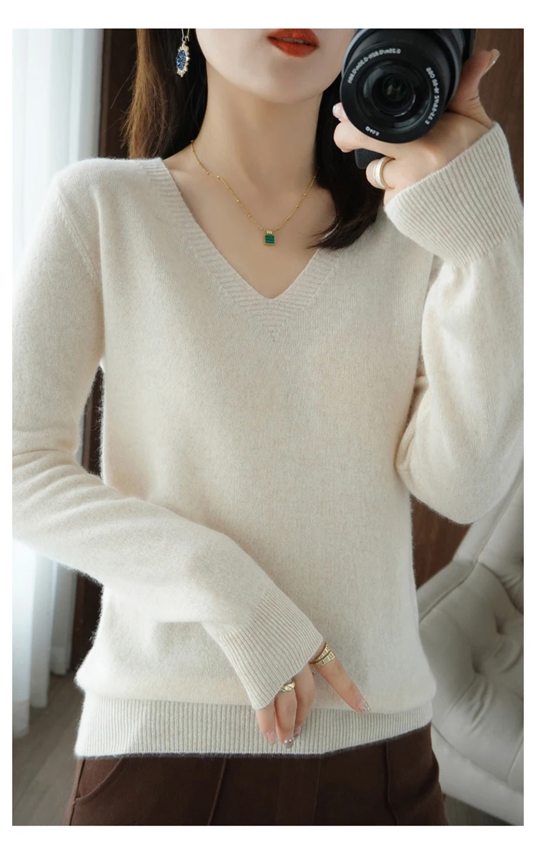 Autumn Winter New Cashmere Sweater Women Keep Warm V-neck Pullovers Knitting Sweater Fashion Korean Long Sleeve Loose Tops