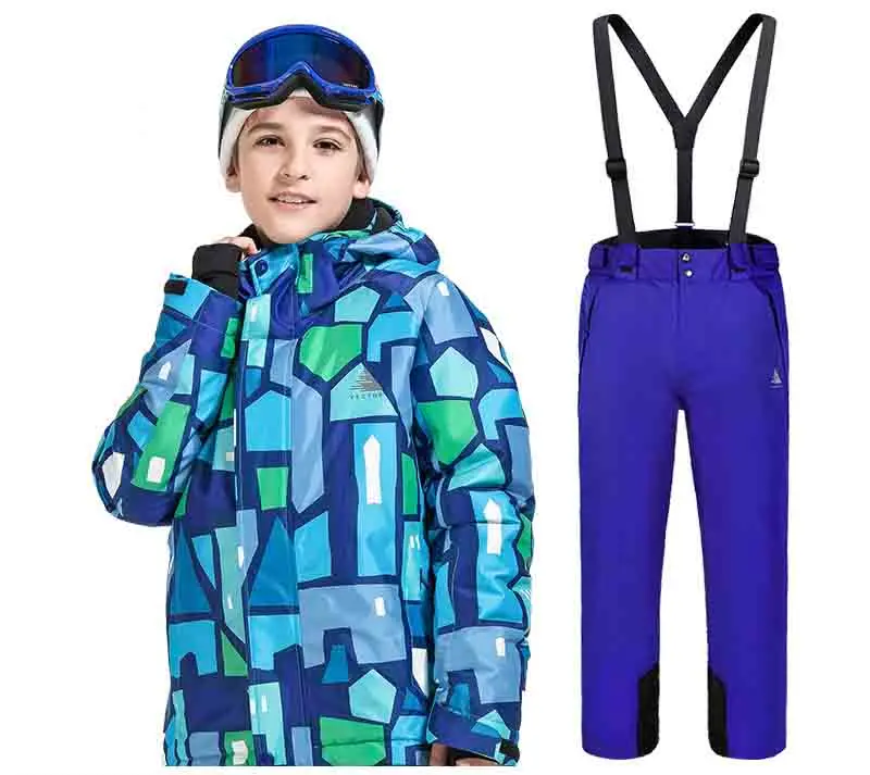 Детский лыжный костюм брендовая ветронепроницаемая Водонепроницаемая теплая зимняя одежда для девочек и мальчиков, штаны Зимняя Лыжная куртка для сноуборда - Цвет: Зеленый