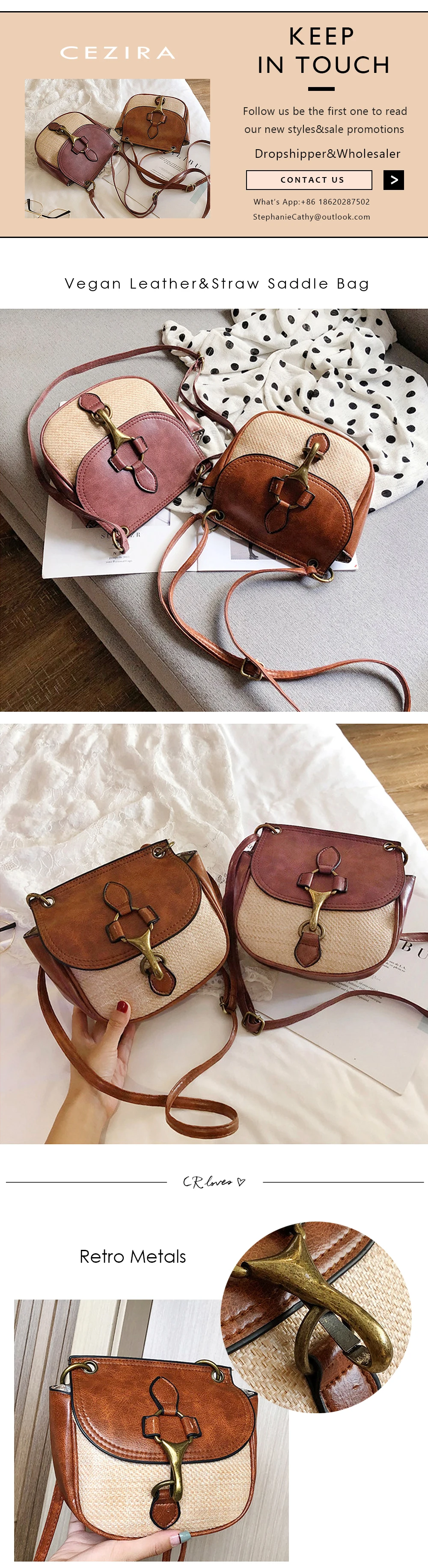 CEZIRA Fashion Vegan Leather Saddle Bag Women PU&Straw Patchwork Messenger Bag Ladies Flap Shoulder Bag Female Crossbody Handbag