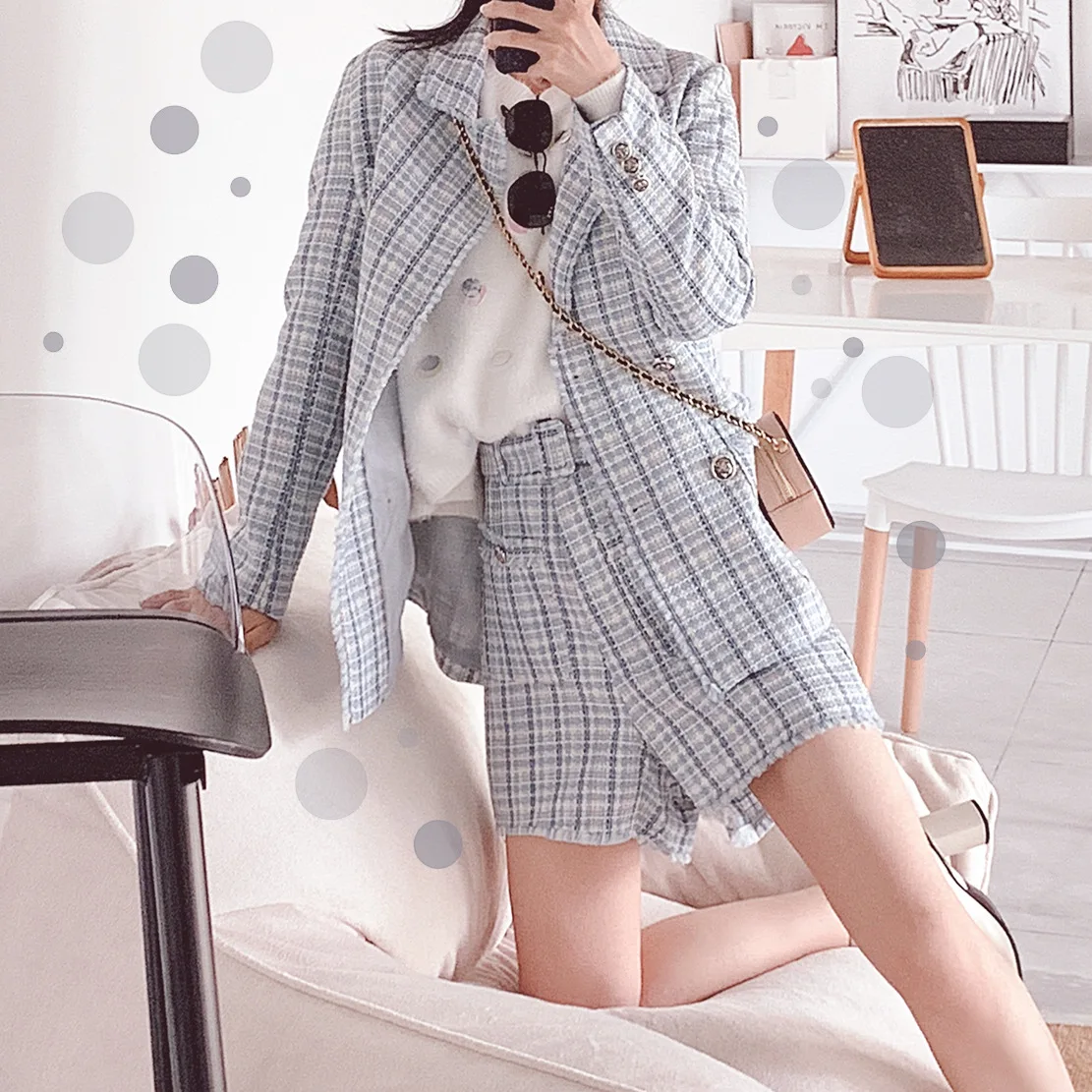 

Autumn 2019 New Women's Wear Korean Chequered Woolen Lady's Small Fragrance Suit Pants Two-piece Suit