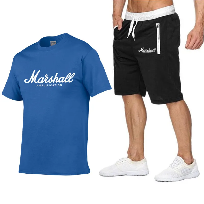 Футболка Marshall+ шорты, мужская спортивная одежда, летний костюм, футболка с коротким рукавом, топ, модная футболка, Harajuku, хип-хоп, уличная одежда