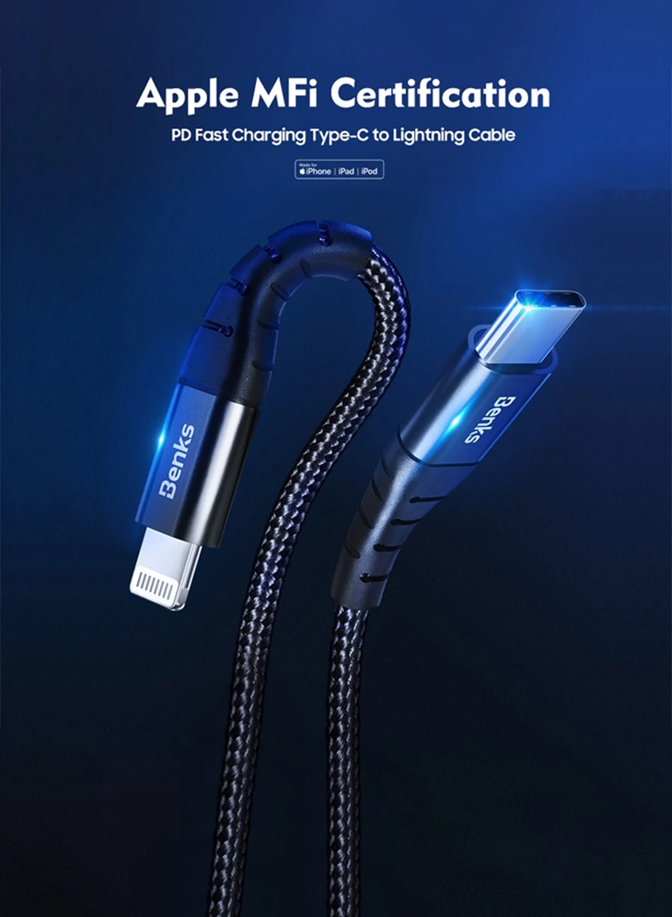 Benks M11 MFi PD Fast Charging Cable For iPhone XS 11 Pro MAX X XR 8 Plus Type USB C to Lightning Phone Cable Nylon Charger Cord (1)