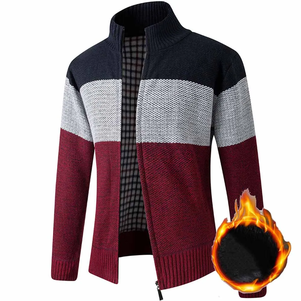 FALIZA Stand Collar Sweater Coat Men's Patchwork Thick Fleece Comfy Wool Cardigan Knitted Jackets Casual Male Knitwear XY109