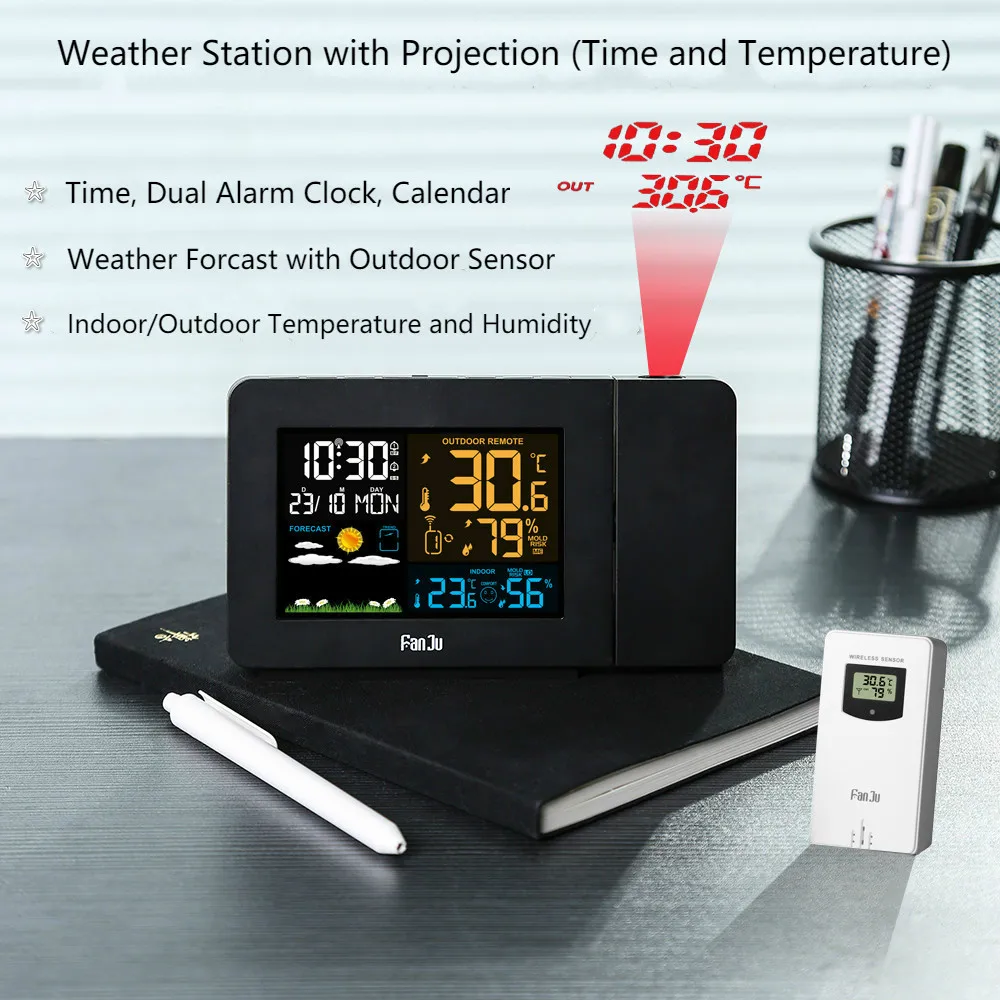 FanJu FJ3391 метеостанция с проекцией | индикатор погоды | DCF Радиоуправление | календарь | 7 языков | будильник с подсветкой