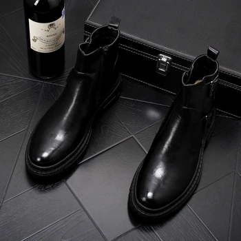 

England style mens leisure cowboy boots natural leather tooling shoes outdoor platform ankle boot man chelsea bota zapato hombre