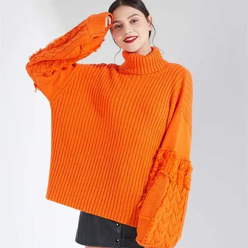 

Orange Women Oversized Sweater 2020 Winter Streetwear Turtleneck Fringes Destroyed Holes Pullover Loose Knitted Sweaters B092