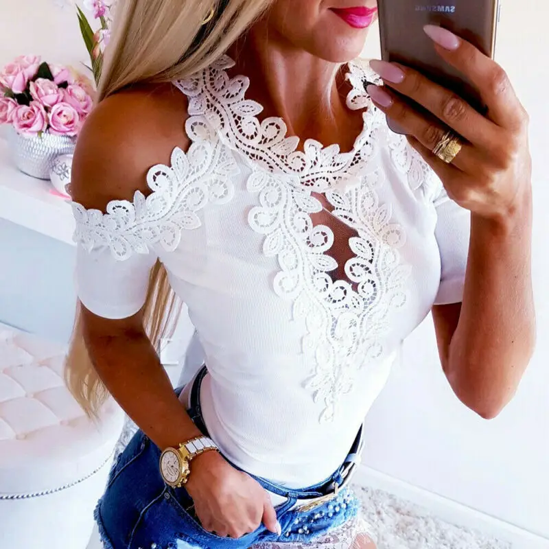 Women Lace Blouse Fashion Short Sleeve Blouses Top Casual Off Shoulder Blouse Tops Womens Blouses And Tops Casual Ladies Shirts