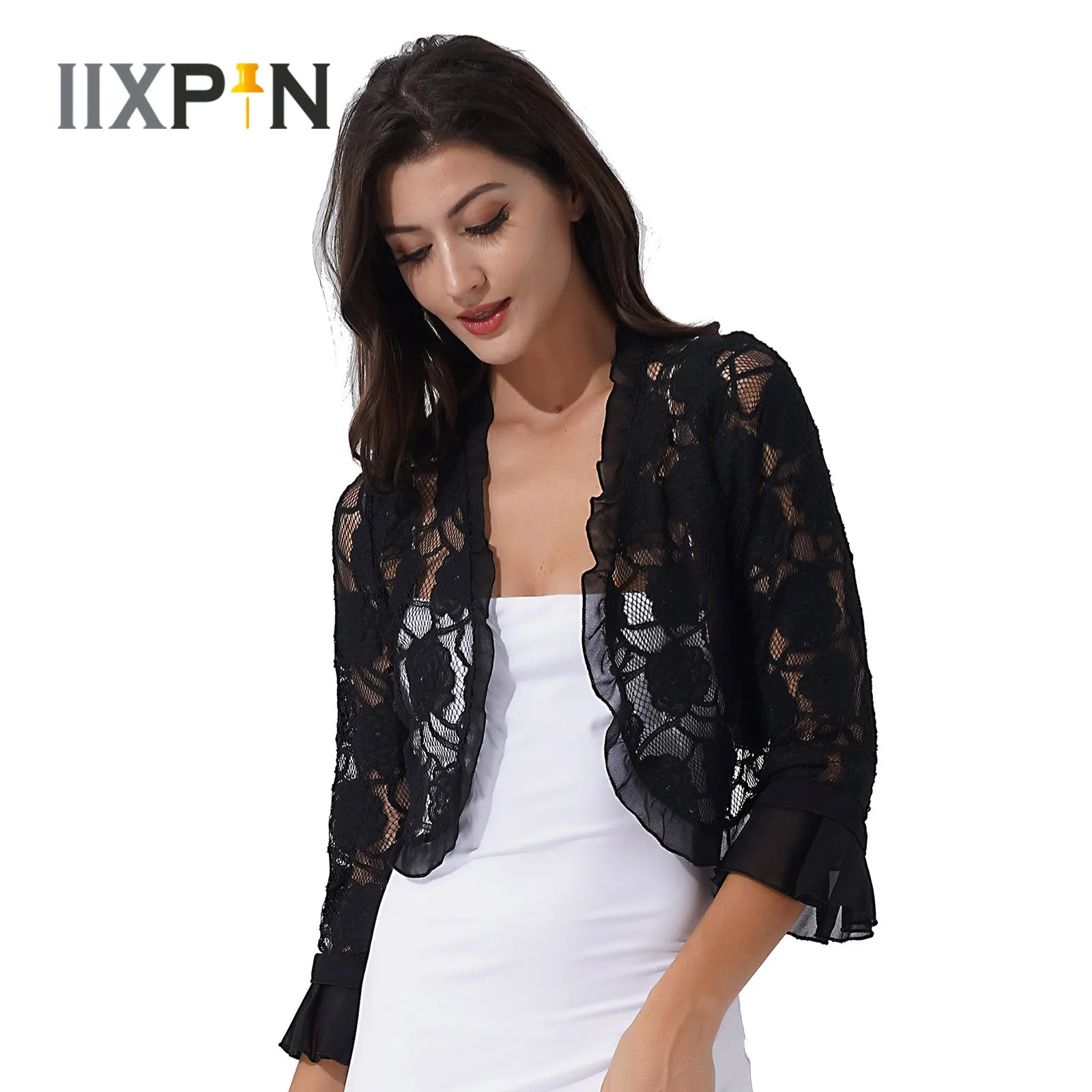 Womens Elegant Bolero Half Sleeve Ruffle Open Front Floral Lace Shrug Shawl Cardigan for Wedding Party Evening Dresses Wraps