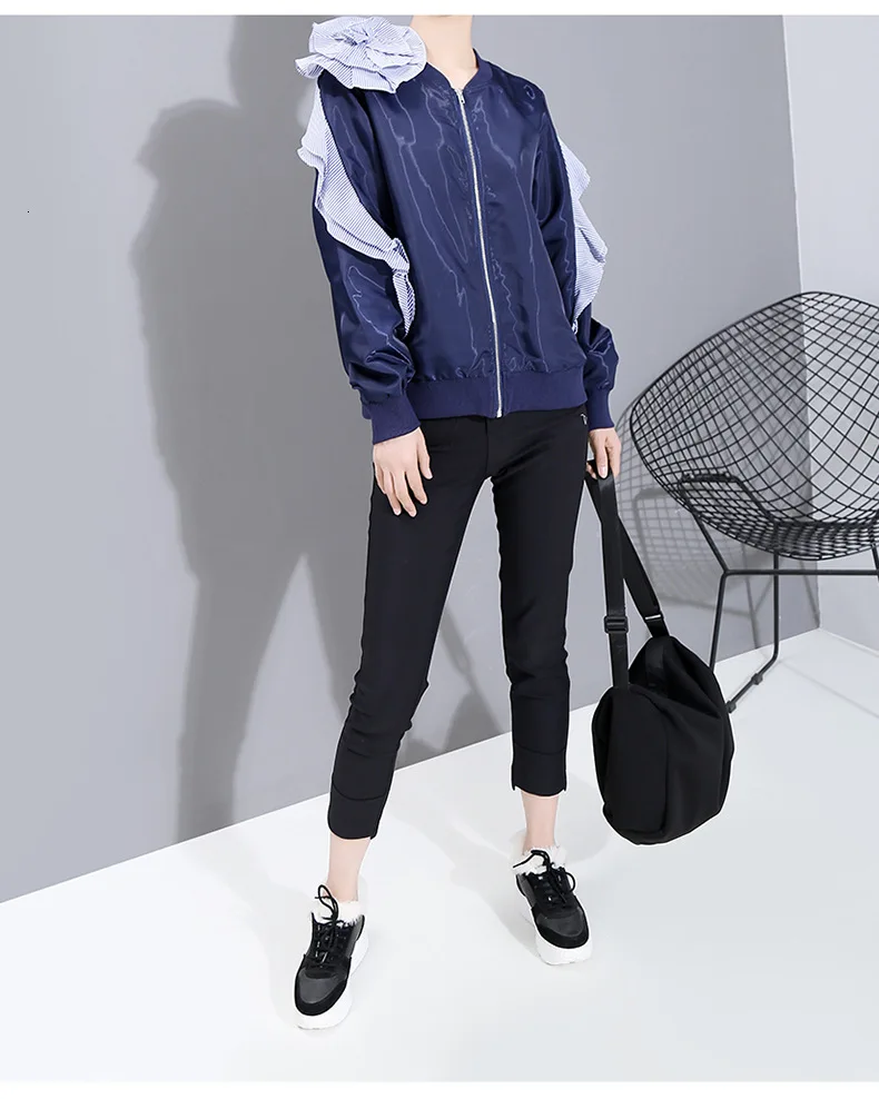 astounding  [EAM] Loose Fit Blue Striped Ruffles Big Size Jacket New Stand Collar Long Sleeve Women Coat Fashio