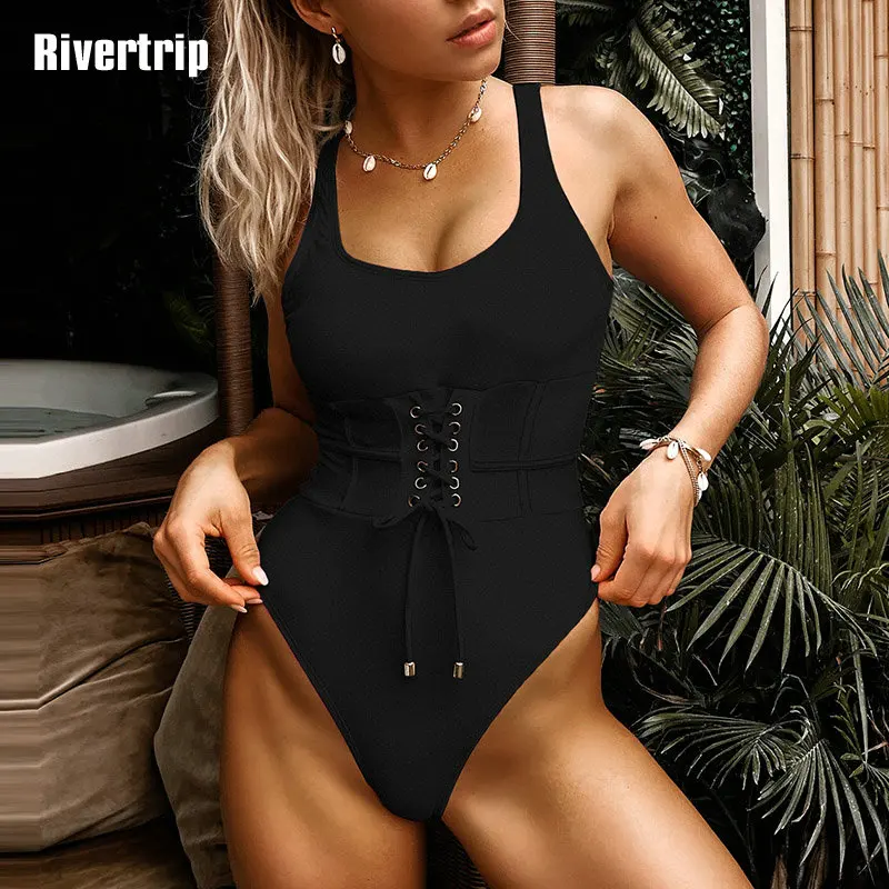 

Solid One Piece Swimsuit High Cut Swimwear Lace-up women's Bathing Suit U-back Swimming Suit 2020 Maillot De Bain Femme