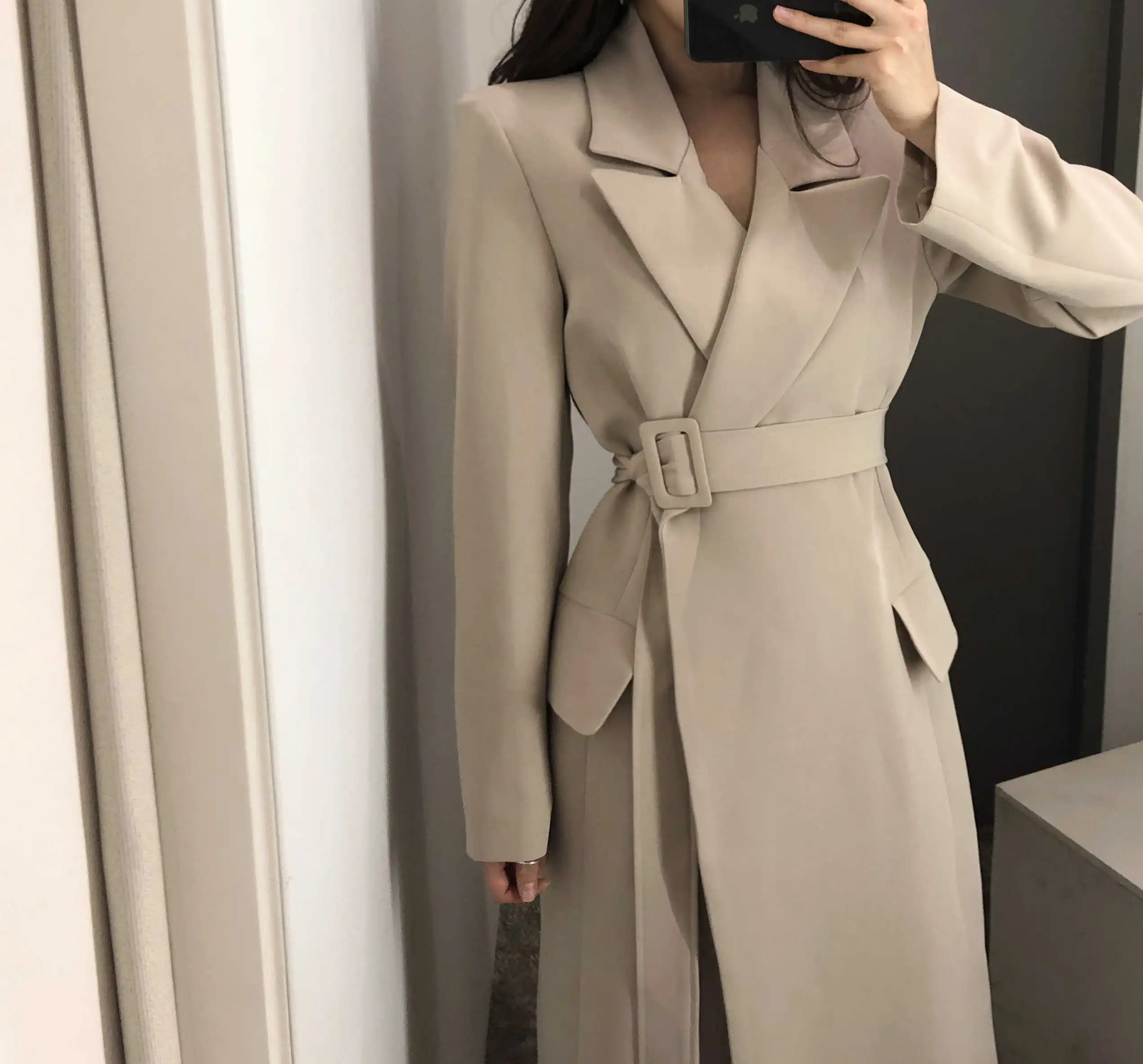 Long Trench Coat Women Korean Winter Classic Chic Bandage Waist Pocket Long Coat Temperament Loose Office Lady Women Coats