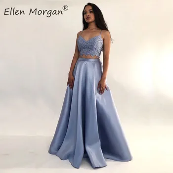 

Sexy 2 Pieces Satin Long Prom Dresses for Women A-line Floor Length Lace Straps Simple Brithday Party Night Formal Gowns