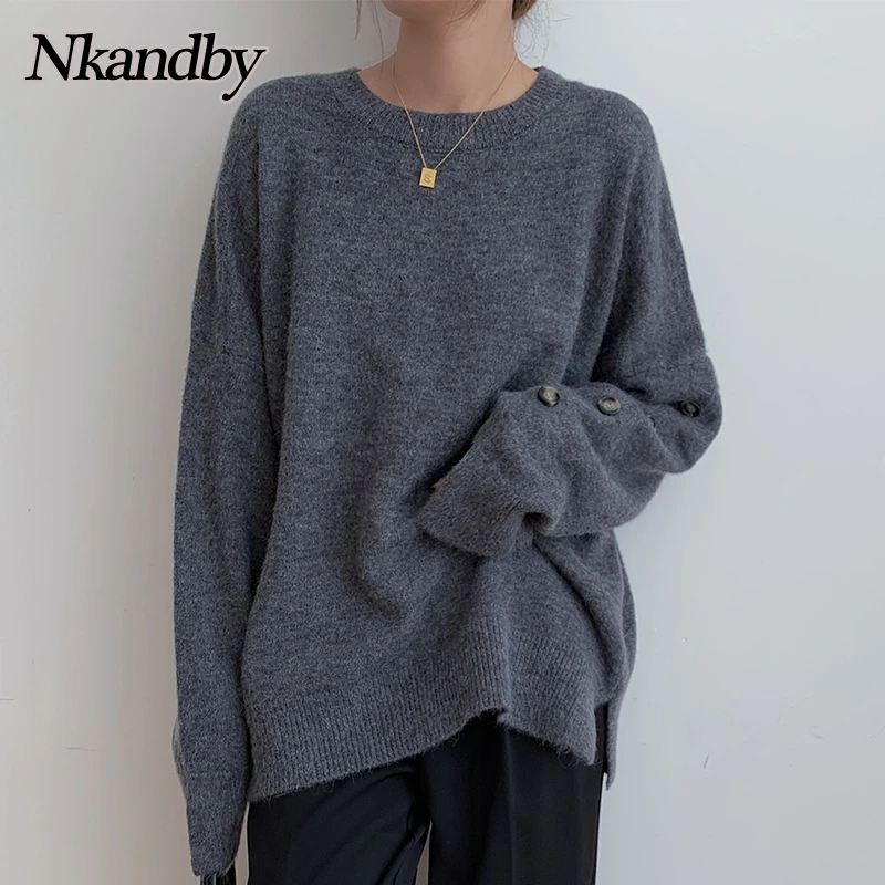 

Nkandby O-Neck Pullover Sweater Women 2020 Autumn Winter Loose Button Stitch Jumpers Oversize Stylish Cashmere Pull Knitted Tops