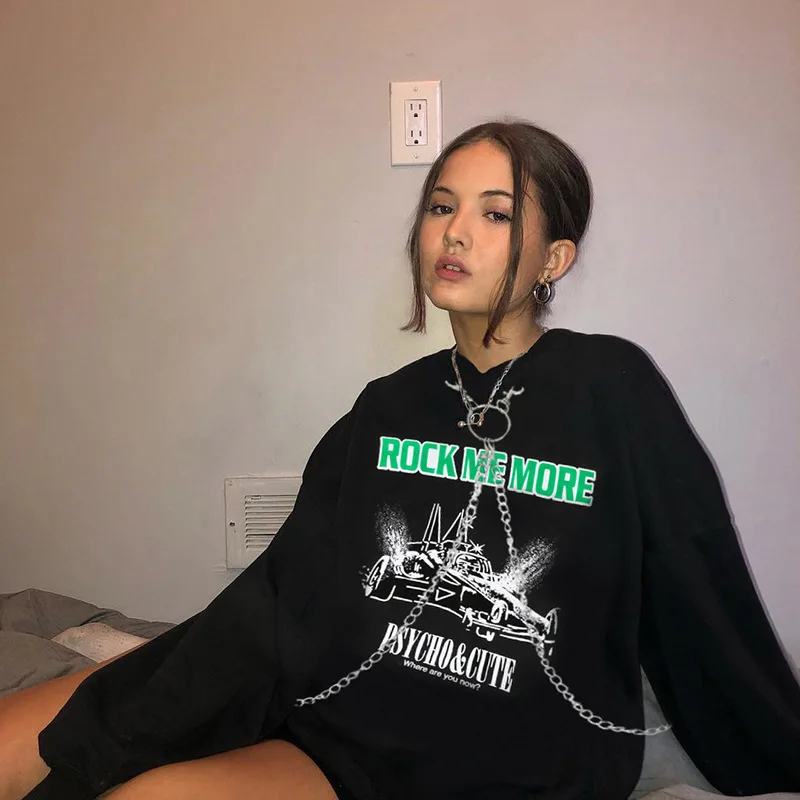 

NCLAGEN 2019 Autumn Stylish Chains Hooded Hoodies Women Print Cotton Oversized Pullovers Loose Casual Black Sweatshirts Tops