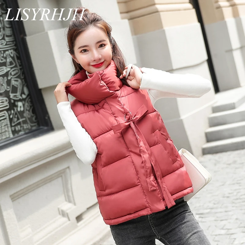 

Autumn And Winter Vest Women 2019 Down Cotton Vest Stand Collar Pockets Female Tie Up Winter Waistcoat Women