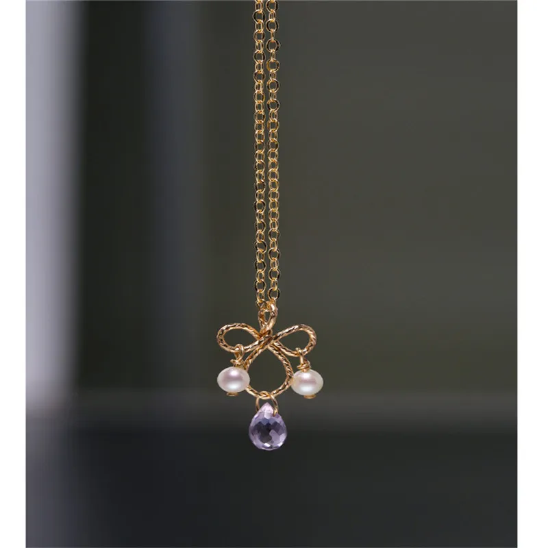 DAIMI Faceted Amethyst Pendant Female Genuine gemstones Freshwater Pearl 14K Gold Injection Handmade Necklace | Украшения и