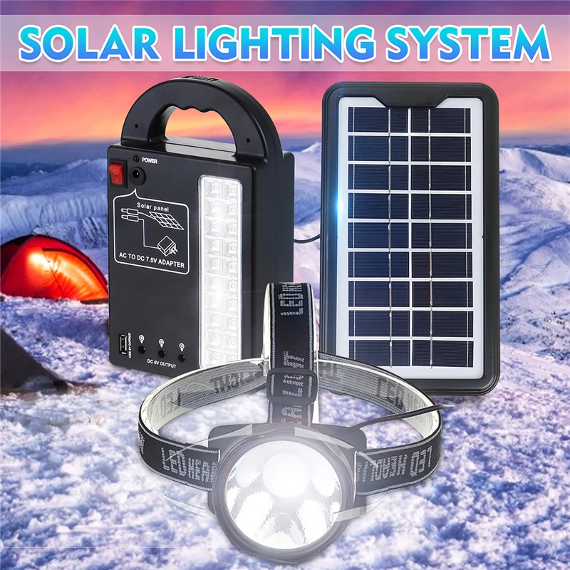 

DC6V Solar Power Panel Generator Kit USB Charger Home System with 3PCS 5W LED Energy Saving Bulbs Light and 1PC Headlamps