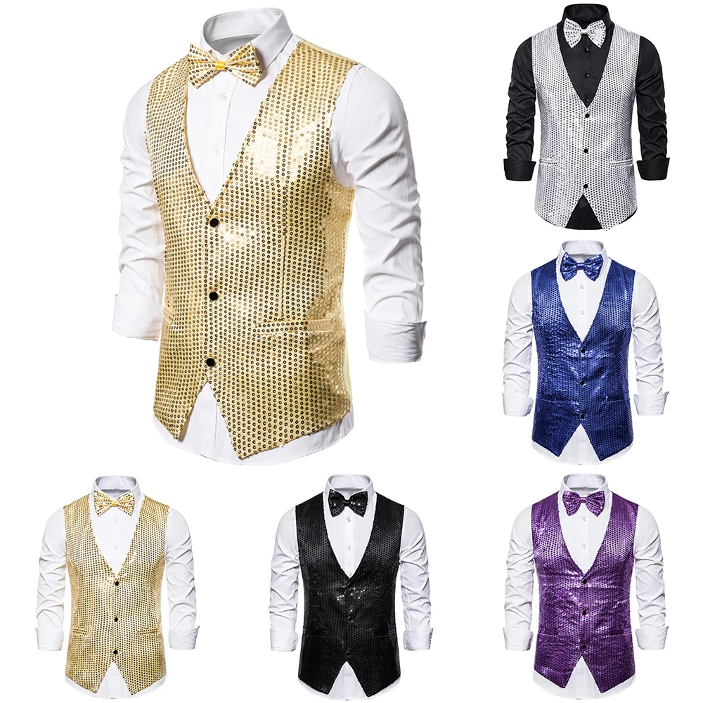 MoneRffi новые мужские Искрящиеся, с блестками жилет Slim Fit костюм с юбкой, костюм для сцены, ужин жилет для косплея на сцене; платье без рукавов с блестками