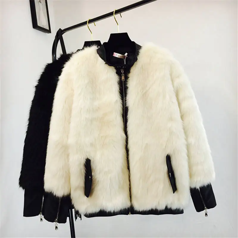 Adogirl с искусственным мехом в стиле пэчворк пальто из кожи, полиуретана на молнии в байкерском стиле куртка зимние плотные куртки в Корейском стиле; женские теплые куртки верхняя одежда - Цвет: creamy white