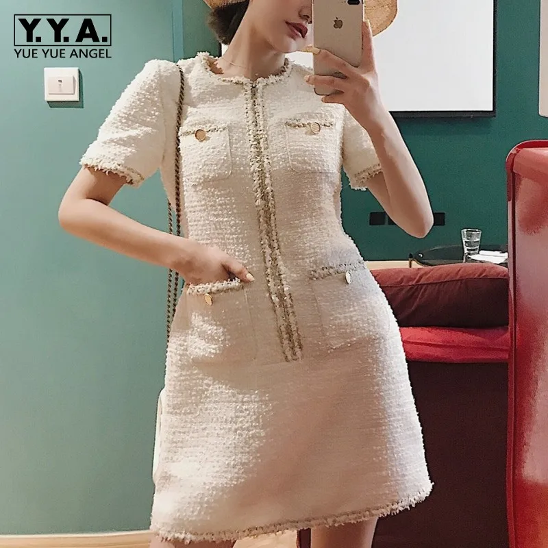 

Fashion Women 2020 New Tweed Dress Short Sleeve Twill Tassels Mini Dress Pearls Pink Elegant Ladies O Neck Slim Fit Party Dress