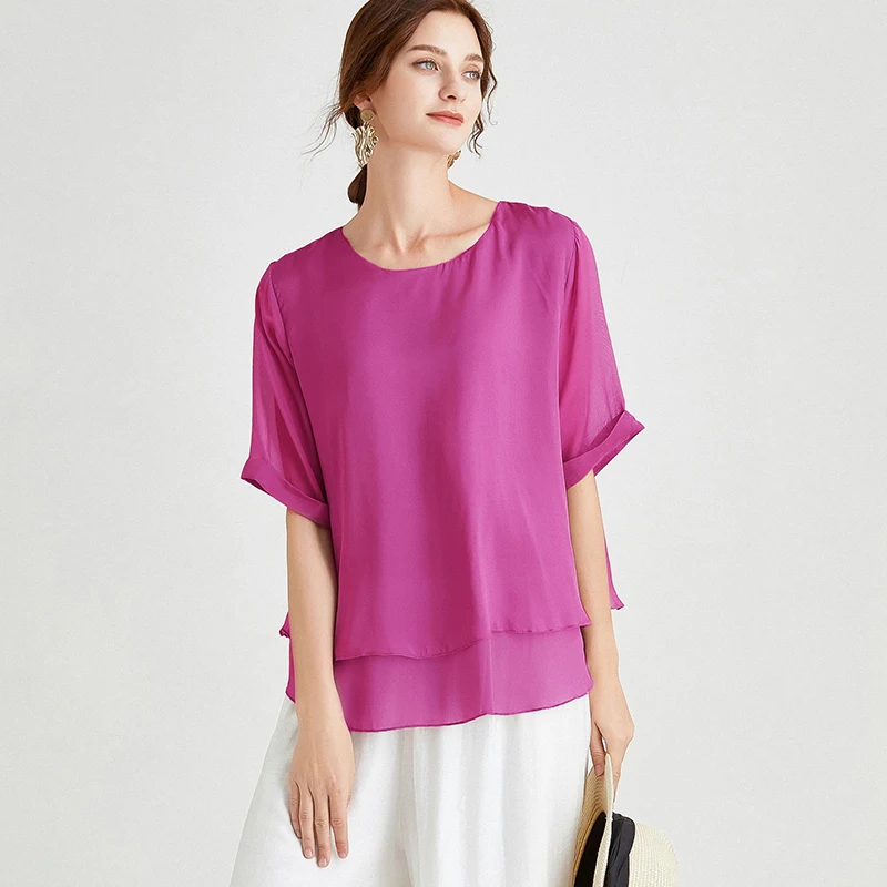 Camiseta de seda manchada feminina, camiseta de seda larga casual ...