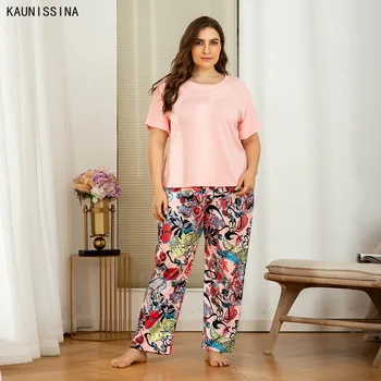 

Women Plus Size Pajamas Sets Sleepwear O-Neck Short Sleeve Tops Long Pants Loose Two Piece Pajama Suit Loungewear Spring Autumn