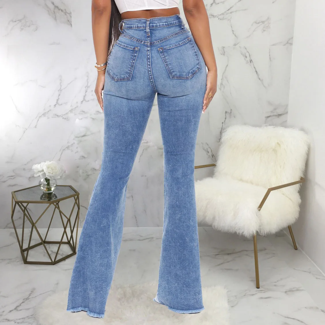 patchwork jeans Blue Patchwork Flared Jeans For Women Stretch Ripped Streetwear Denim Trousers Flared Pants Lady Slim Denim Boot Cut Pants wide leg jeans