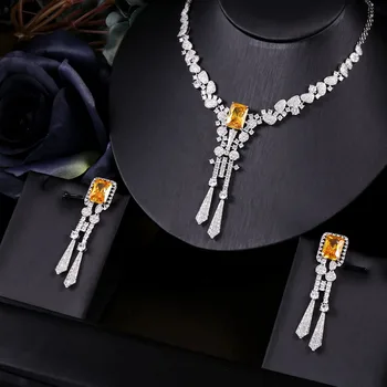Wedding Jewelry Sets Bridal Zirconia Dubai Nigeria CZ Crystal Party, Luxury for Women 2pcs Yellow Water Drop