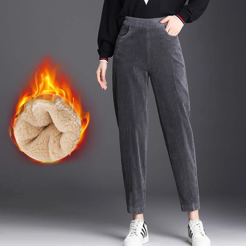 

Plush Casual Women Pants Corduroy Warm Elastic High Waist Female Pants Winter Pockets Solid Color Ladies Trousers