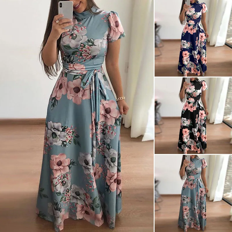 Женские, с цветочным узором, с коротким рукавом, Boho платье, женское вечернее длинное платье макси