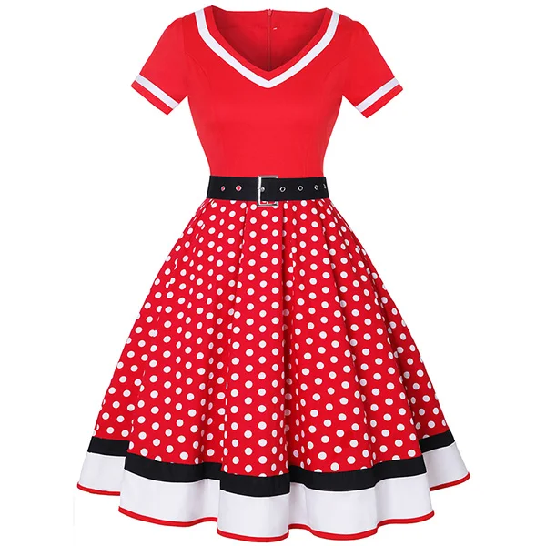 Plus Size Women Polka Dot Print Vintage Dress V-Neck Short Sleeve Belt Hepburn Dress Sweetheart Pin Up 50s Party Dresses Vestido - Цвет: 2