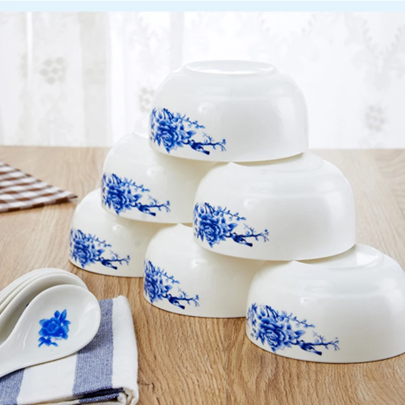 1 шт. Китай керамическая чаша+ 1 шт. керамическая ложка набор посуды синий и белый фарфор миски для риса кухонная посуда контейнер для еды