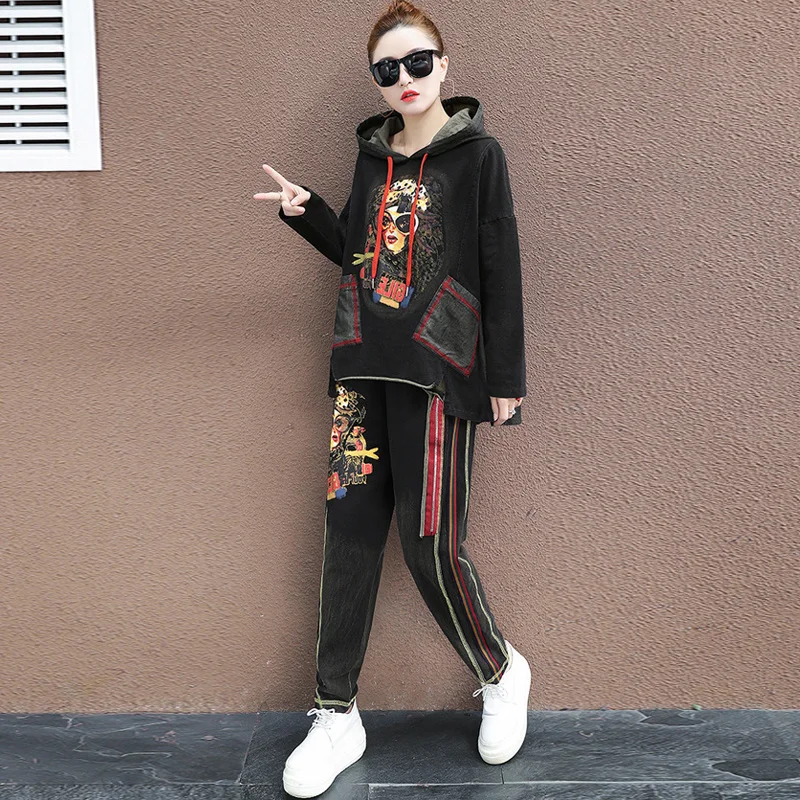 Runway TWO PIECE SET Hoodie Irregular Design Top Denim Jeans Pants Tracksuit Women Korean Harajuku Sweatsuit 2 PCS Co Ord Outfit |