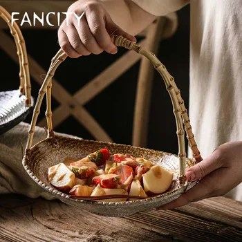 

FANCITY Creative Japanese ceramic plate restaurant sushi restaurant hotel tableware setting plate bamboo handle hanging plate wa