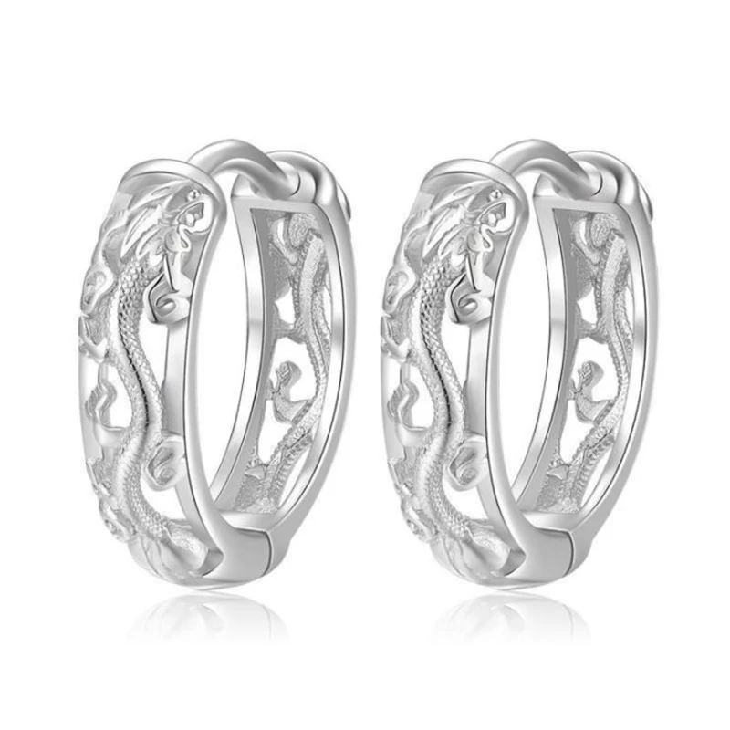 KOFSAC New Vintage Punk Creative Hollow Black Gold Dragon Hoops Jewelry 925 Sterling Silver Earrings For Men Party Accessories