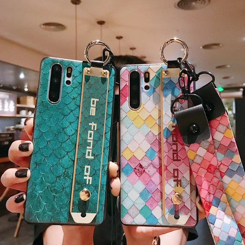 

Fish Scale Neck Wrist Strap Stand Case for Huawei P30 P20 Lite Mate 20 Pro 10 Nova 3e 4e 5 5i Honor 9x V20 8X Soft TPU Case