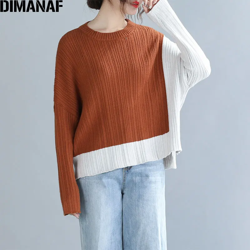 

DIMANAF Autumn Plus Size Women Sweater Knitted Pullover Office Lady Tops Patchwork Long Sleeve Fashion Casual Female Clothes