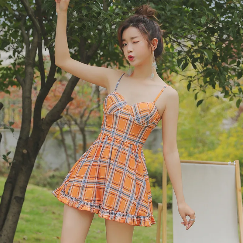 

Swimsuit Women Bathing Suit Bikini Trikini Sexy Joint Solid Swimwear One-Piece Summer Ins Retro Plaid Polyester Bathing Suit