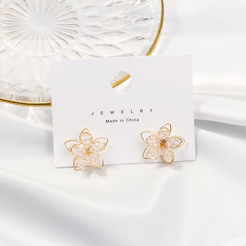 

Retro Handmade Sweet Shiny Crystal Beads Flower Earrings Round Metal Korean Statement Simple Style Gift Oorbellen Party Gifts