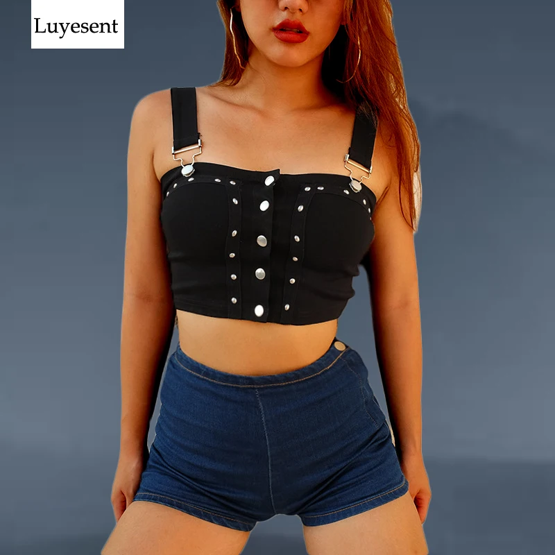 Black White Punk Woman Strap Sexy Short Vest 2020 Summer Crop Button Gothic Chic Rock Camis Summer Hipster Cool Open Stitch Top