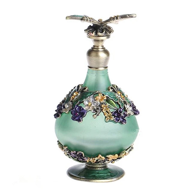 1pc Antique Empty Perfume Bottle 25ml Butterfly Flower Painting Pattern Glass Metal Art Enamel Decor Retro