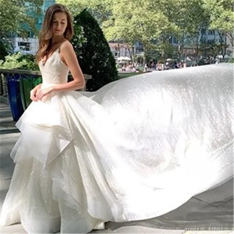 

Verngo New Shiny Wedding Dress A Line Spaghetti Straps Ruffles Modest Bridal Gowns Sweep Train Elegant Vestido de noiva