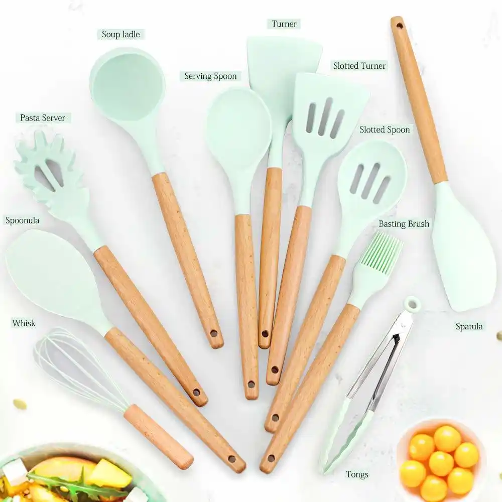 Ancid Kitchen Utensil Set Silicone Cooking Utensils 11pcs Cooking Spatula Turner Heat Resistant Tools With Wooden Handle For Nonstick Non Scratch Cookware Best Kitchen Tool Gadgets With Holder Spatulas Cooking Utensils Urbytus Com