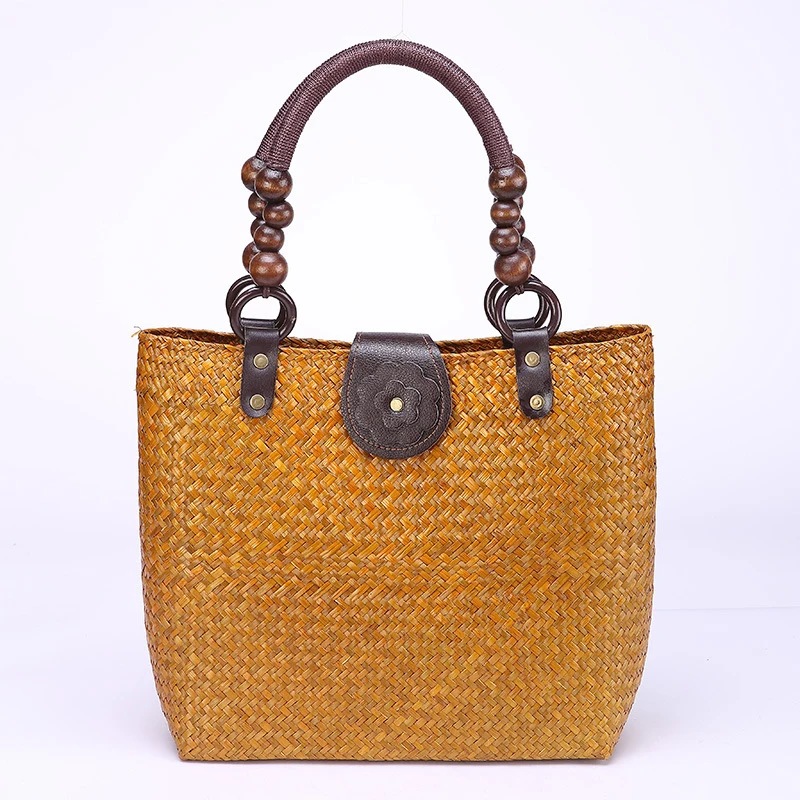 

Retro Natural Straw Tote Bag Handmade Woven Rattan bags Thai style Travel Vacation Large-capacity Casual Bags beach bag