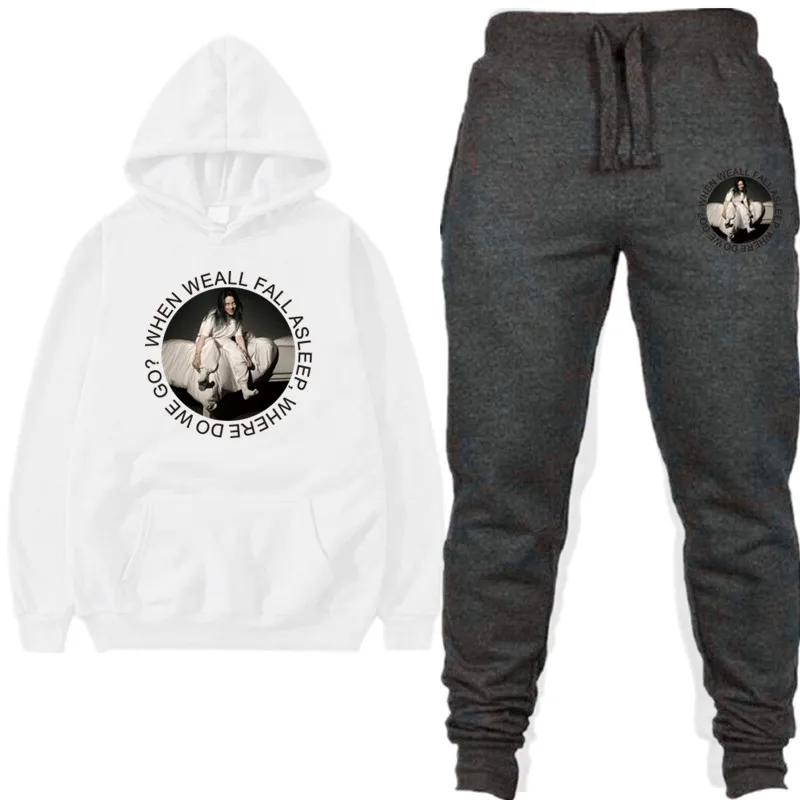 17white Dark gray Новая мода Billie Eilish, мужские толстовки с длинным рукавом+ штаны, мужской спортивный костюм, костюм для улицы, Мужской Женский комплект, повседневная спортивная одежда, костюм - Color: 17white Dark gray